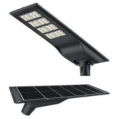 100W Solar LED Street Light, 10,000 Lumens, 5700K, LUXEON 3030 LEDs, 6V Monocrystalline Solar Panel, LiFePO4 Battery, Motion Sensor, Dusk-to-Dawn Light Control, 150°×65° Beam, IP66, Aluminum Housing, 60/76mm Pole Mount, 6-8M Mounting Height, Black