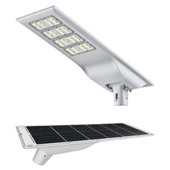 100W Solar LED Street Light, 10,000 Lumens, 5700K, LUXEON 3030 LEDs, 6V Monocrystalline Solar Panel, LiFePO4 Battery, Motion Sensor, Dusk-to-Dawn Light Control, 150°×65° Beam, IP66, Aluminum Housing, 60/76mm Pole Mount, 6-8M Mounting Height, Grey