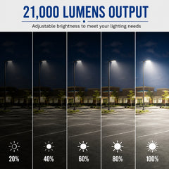 80W/100W/150W Selectable LED Parking Lot Light, Up to 21,000 Lumens, 5000K Daylight, Type III Distribution, 120-277V, 600W Metal Halide Equivalent, 0-10V Dimmable, IP65 Waterproof, Bronze Housing, UL & DLC Certified, 5-Year Warranty