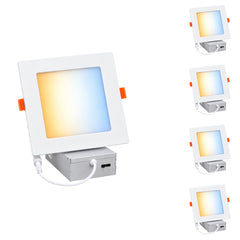 4-Inch Slim Square LED Recessed Downlight, 720 Lumens, 5CCT Selectable 2700K/3000K/3500K/4000K/5000K, Canless IC-Rated Ceiling Light with Junction Box, 9W TRIAC Dimmable Ultra-Thin Wafer Design, 18-27W MH/HPS Equivalent, 120V, 90+ CRI, 5-Year Warranty
