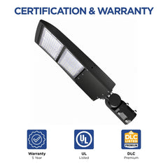 200W/240W/300W Selectable LED Parking Lot Light, Up to 42,000 Lumens, 5000K Daylight, Type III/Type V Distribution, 120-277V, 1,000W Metal Halide Equivalent, 0-10V Dimmable, IP65 Waterproof, Bronze Housing, UL & DLC Certified, 5-Year Warranty