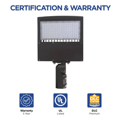 80W/100W/150W Selectable LED Parking Lot Light, Up to 21,000 Lumens, 5000K Daylight, Type III Distribution, 120-277V, 600W Metal Halide Equivalent, 0-10V Dimmable, IP65 Waterproof, Bronze Housing, UL & DLC Certified, 5-Year Warranty