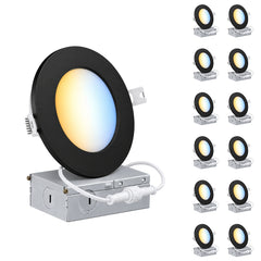 4-Inch Slim LED Recessed Downlight with Junction Box, 5CCT Selectable 2700K/3000K/3500K/4000K/5000K, 9W, 720 Lumens, 120V, TRIAC Dimmable, 90+ CRI, 120° Beam Angle, Black Metal Housing, Ultra-Thin Canless Wafer Design, ETL & cETL Listed