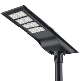 100W Solar LED Street Light, 10,000 Lumens, 5700K, LUXEON 3030 LEDs, 6V Monocrystalline Solar Panel, LiFePO4 Battery, Motion Sensor, Dusk-to-Dawn Light Control, 150°×65° Beam, IP66, Aluminum Housing, 60/76mm Pole Mount, 6-8M Mounting Height, Black