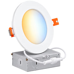 4-Inch Slim LED Recessed Downlight with Junction Box, 5CCT Selectable 2700K/3000K/3500K/4000K/5000K, 9W, 720LM, 120V, TRIAC Dimmable, 90+ CRI, White Aluminum Housing, Ultra-Thin Canless Wafer Design, 120° Beam Angle, ETL & cETL Listed