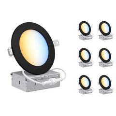 6-Inch Slim LED Recessed Downlight with Junction Box, 5CCT Selectable 2700K/3000K/3500K/4000K/5000K, 12W, 960 Lumens, 120V, TRIAC Dimmable, 90+ CRI, 120° Beam Angle, Black Metal Housing, Ultra-Thin Canless Wafer Design, ETL & cETL Listed