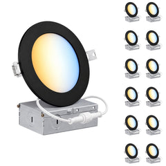 6-Inch Slim LED Recessed Downlight with Junction Box, 5CCT Selectable 2700K/3000K/3500K/4000K/5000K, 12W, 960 Lumens, 120V, TRIAC Dimmable, 90+ CRI, 120° Beam Angle, Black Metal Housing, Ultra-Thin Canless Wafer Design, ETL & cETL Listed