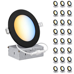 6-Inch Slim LED Recessed Downlight with Junction Box, 5CCT Selectable 2700K/3000K/3500K/4000K/5000K, 12W, 960 Lumens, 120V, TRIAC Dimmable, 90+ CRI, 120° Beam Angle, Black Metal Housing, Ultra-Thin Canless Wafer Design, ETL & cETL Listed