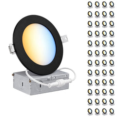 6-Inch Slim LED Recessed Downlight with Junction Box, 5CCT Selectable 2700K/3000K/3500K/4000K/5000K, 12W, 960 Lumens, 120V, TRIAC Dimmable, 90+ CRI, 120° Beam Angle, Black Metal Housing, Ultra-Thin Canless Wafer Design, ETL & cETL Listed