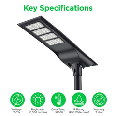 100W Solar LED Street Light, 10,000 Lumens, 5700K, LUXEON 3030 LEDs, 6V Monocrystalline Solar Panel, LiFePO4 Battery, Motion Sensor, Dusk-to-Dawn Light Control, 150°×65° Beam, IP66, Aluminum Housing, 60/76mm Pole Mount, 6-8M Mounting Height, Black