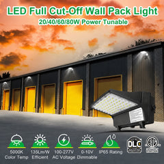Full Cutoff LED Wall Pack Light, 4-Wattage Selectable (20W/40W/60W/80W), Up to 10,400 Lumens, Up to 250W Metal Halide Equivalent, 3000K/4000K/5000K CCT Selectable, Built-In Dusk-to-Dawn Photocell, 120-347V, 5-Year Warranty