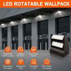120W Rotatable LED Wall Pack Light, 16,200 Lumens, 400W Metal Halide Equivalent, 350° Adjustable Optics, 120-277V, DLC Premium, 5-Year Warranty