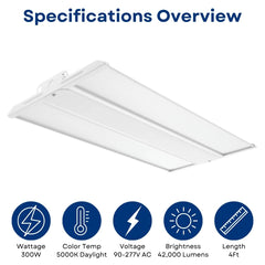 4FT LED Linear High Bay Light, 300W, 42,000 Lumens, 5000K Daylight, Philips LED Chips, UL Driver, 0-10V Dimmable, 90-277V, 50,000-Hour Lifespan, Commercial Warehouse & Industrial Lighting