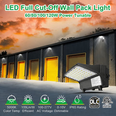 Full Cutoff LED Wall Pack Light, 4-Wattage Selectable (60W/80W/100W/120W), Up to 15,600 Lumens, Up to 400W Metal Halide Equivalent, 3000K/4000K/5000K CCT Selectable, Built-In Dusk-to-Dawn Photocell, 120-347V, 5-Year Warranty