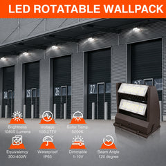 80W Rotatable LED Wall Pack Light, 10,800 Lumens, 250W Metal Halide Equivalent, 350° Adjustable Optics, 120-277V, DLC Premium, 5-Year Warranty