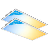 Two rectangular LED flat panel lights shown at an angle on a white background, with blue labels reading '2x4ft LED Flat Panel' on the upper panel.