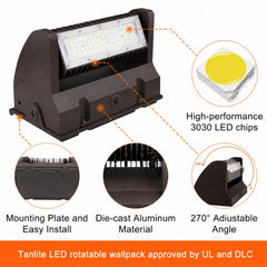 40W Rotatable LED Wall Pack Light, 5,400 Lumens, 200W Metal Halide Equivalent, 350° Adjustable Optics, 120-277V, DLC Premium, 5-Year Warranty