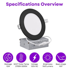 6-Inch Slim LED Recessed Downlight with Junction Box, 5CCT Selectable 2700K/3000K/3500K/4000K/5000K, 12W, 960 Lumens, 120V, TRIAC Dimmable, 90+ CRI, 120° Beam Angle, Black Metal Housing, Ultra-Thin Canless Wafer Design, ETL & cETL Listed