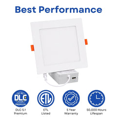 6-Inch Slim Square LED Recessed Downlight, 960 Lumens, 5CCT Selectable 2700K/3000K/3500K/4000K/5000K, Canless IC-Rated Ceiling Light with Junction Box, 12W TRIAC Dimmable Ultra-Thin Wafer Design, 27-36W MH/HPS Equivalent, 120V, 90+ CRI, 5-Year Warranty