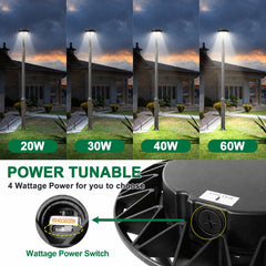 20W/30W/40W/60W CCT & Wattage Tunable Post Top LED Light, 3CCT 3000K/4000K/5000K, 130 LM/W, 120-277V AC, Built-In Photocell, 120° Beam, ETL/cETL & DLC Certified, IP65, 5-Year Warranty, Black Housing
