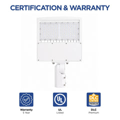 150W LED Parking Lot Light, 21,000 Lumens, 5000K Daylight, Type III/Type V Distribution, 120-277V, 600W Metal Halide Equivalent, Photocell Ready, 0-10V Dimmable, IP65 Waterproof, White Housing, UL & DLC Certified, 5-Year Warranty