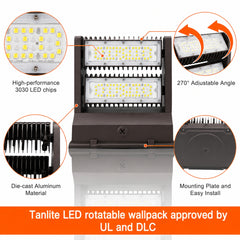 80W Rotatable LED Wall Pack Light, 10,800 Lumens, 250W Metal Halide Equivalent, 350° Adjustable Optics, 120-277V, DLC Premium, 5-Year Warranty