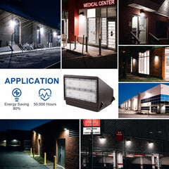 80W Full Cutoff LED Wall Pack Light, 11,200 Lumens, 250W Metal Halide Equivalent, 3000K/4000K/5000K CCT Selectable, Built-In Dusk-to-Dawn Photocell, 120-277V, DLC Premium, 5-Year Warranty