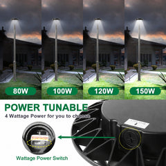 80W/100W/120W/150W CCT & Wattage Tunable Post Top LED Light, 3CCT 3000K/4000K/5000K, 130 LM/W, 120-277V AC, Built-In Photocell, 120° Beam, ETL/cETL & DLC Certified, IP65, 5-Year Warranty, Black Housing