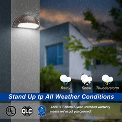 LED Half Moon Wall Pack Light, 3-Wattage Selectable (48W/64W/80W), Up to 10,800 Lumens, 3000K/4000K/5000K CCT Selectable, Up to 300W Metal Halide Equivalent, Built-In Dusk-to-Dawn Photocell, 120-347V, 5-Year Warranty
