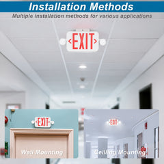 Red LED Exit Sign with Emergency Lights & Battery Backup, 120-277V AC, Wall/Ceiling Mount, Dual Adjustable LED Heads, 90-Minute Emergency Backup, Fire-Resistant Housing, UL 924 Listed, Commercial Emergency Lighting