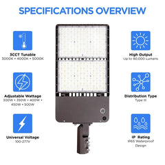500W Max LED Shoebox Parking Lot Light, Up to 80,000 Lumens, 160 LM/W, 3000K/4000K/5000K CCT Selectable, Type III Distribution, 100-277V, 0-10V Dimmable, 1500W Metal Halide Equivalent, Bronze Housing, Slipfitter Mount, IP65, UL & DLC Certified
