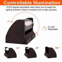 40W Rotatable LED Wall Pack Light, 5,400 Lumens, 200W Metal Halide Equivalent, 350° Adjustable Optics, 120-277V, DLC Premium, 5-Year Warranty