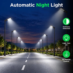 100W Solar LED Street Light, 10,000 Lumens, 5700K, LUXEON 3030 LEDs, 6V Monocrystalline Solar Panel, LiFePO4 Battery, Motion Sensor, Dusk-to-Dawn Light Control, 150°×65° Beam, IP66, Aluminum Housing, 60/76mm Pole Mount, 6-8M Mounting Height, Black