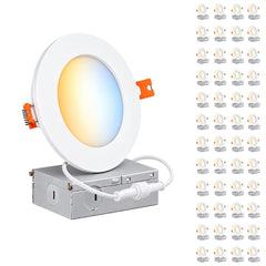 4-Inch Slim LED Recessed Downlight with Junction Box, 5CCT Selectable 2700K/3000K/3500K/4000K/5000K, 9W, 720LM, 120V, TRIAC Dimmable, 90+ CRI, White Aluminum Housing, Ultra-Thin Canless Wafer Design, 120° Beam Angle, ETL & cETL Listed