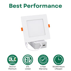 4-Inch Slim Square LED Recessed Downlight, 720 Lumens, 5CCT Selectable 2700K/3000K/3500K/4000K/5000K, Canless IC-Rated Ceiling Light with Junction Box, 9W TRIAC Dimmable Ultra-Thin Wafer Design, 18-27W MH/HPS Equivalent, 120V, 90+ CRI, 5-Year Warranty