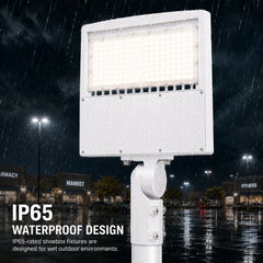150W LED Parking Lot Light, 21,000 Lumens, 5000K Daylight, Type III/Type V Distribution, 120-277V, 600W Metal Halide Equivalent, Photocell Ready, 0-10V Dimmable, IP65 Waterproof, White Housing, UL & DLC Certified, 5-Year Warranty