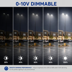 200W/240W/300W Selectable LED Parking Lot Light, Up to 45,000 Lumens, 3000K/4000K/5000K CCT Selectable, Type III Distribution, 120-277V, 1,000W Metal Halide Equivalent, 0-10V Dimmable, IP65 Waterproof, Bronze Housing, UL & DLC Certified, 5-Year Warranty