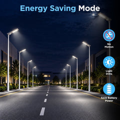 100W Solar LED Street Light, 10,000 Lumens, 5700K, LUXEON 3030 LEDs, 6V Monocrystalline Solar Panel, LiFePO4 Battery, Motion Sensor, Dusk-to-Dawn Light Control, 150°×65° Beam, IP66, Aluminum Housing, 60/76mm Pole Mount, 6-8M Mounting Height, Grey