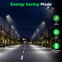 100W Solar LED Street Light, 10,000 Lumens, 5700K, LUXEON 3030 LEDs, 6V Monocrystalline Solar Panel, LiFePO4 Battery, Motion Sensor, Dusk-to-Dawn Light Control, 150°×65° Beam, IP66, Aluminum Housing, 60/76mm Pole Mount, 6-8M Mounting Height, Black