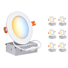 6-Inch Slim LED Recessed Downlight with Junction Box, 5CCT Selectable 2700K/3000K/3500K/4000K/5000K, 12W, 960LM, 120V, TRIAC Dimmable, 90+ CRI, White Aluminum Housing, Ultra-Thin Canless Wafer Design, 120° Beam Angle, ETL & cETL Listed