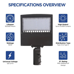 80W/100W/150W Selectable LED Parking Lot Light, Up to 21,000 Lumens, 5000K Daylight, Type III Distribution, 120-277V, 600W Metal Halide Equivalent, 0-10V Dimmable, IP65 Waterproof, Bronze Housing, UL & DLC Certified, 5-Year Warranty
