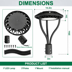 20W/30W/40W/60W CCT & Wattage Tunable Post Top LED Light, 3CCT 3000K/4000K/5000K, 130 LM/W, 120-277V AC, Built-In Photocell, 120° Beam, ETL/cETL & DLC Certified, IP65, 5-Year Warranty, Black Housing