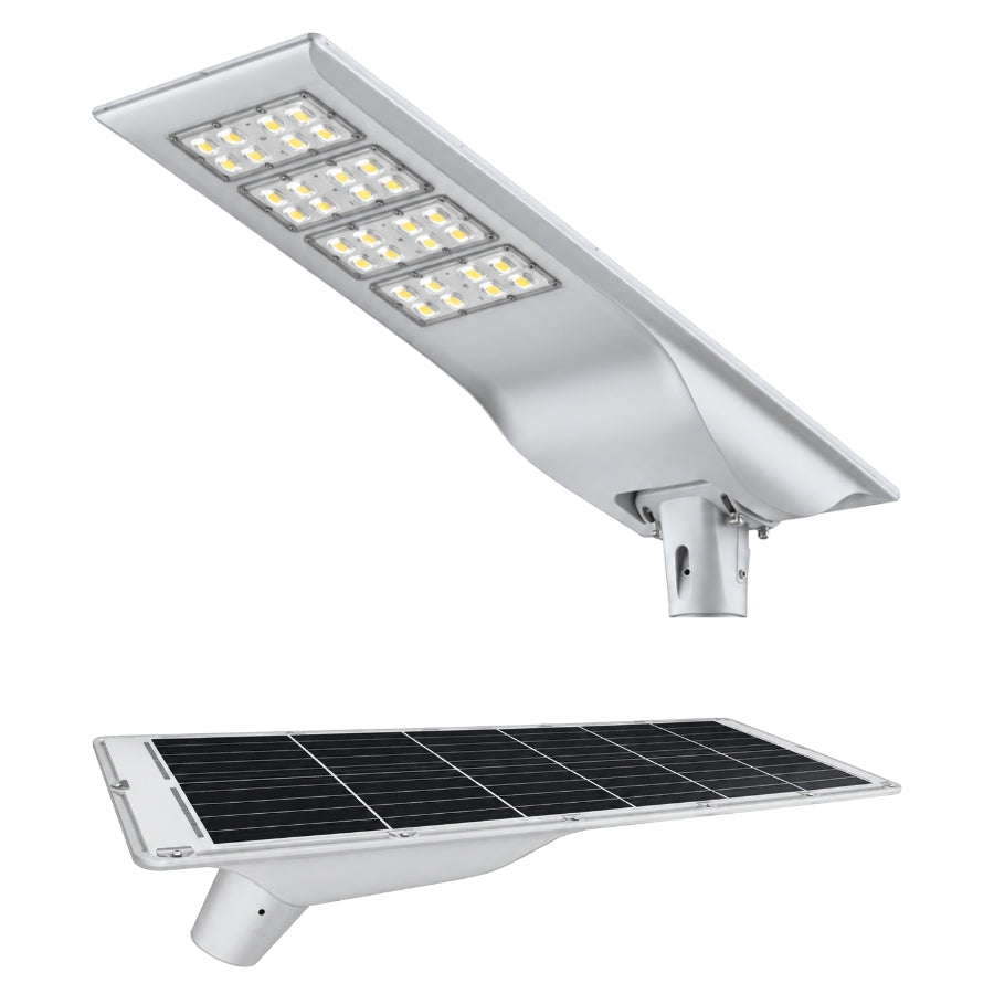 100W Solar LED Street Light, 10,000 Lumens, 5700K, LUXEON 3030 LEDs, 6V Monocrystalline Solar Panel, LiFePO4 Battery, Motion Sensor, Dusk-to-Dawn Light Control, 150°×65° Beam, IP66, Aluminum Housing, 60/76mm Pole Mount, 6-8M Mounting Height, Grey