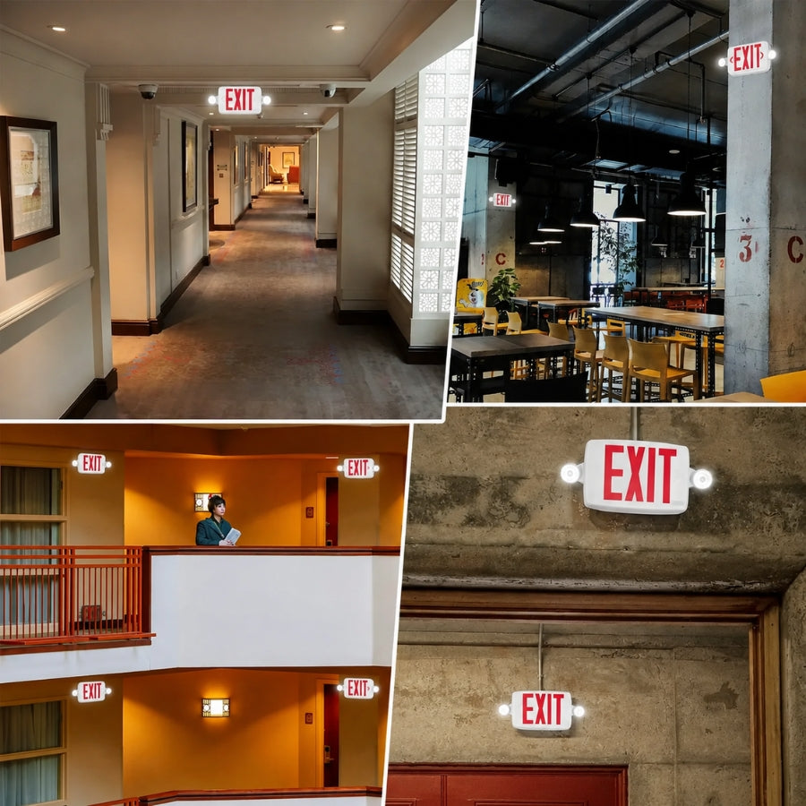 Red LED Exit Sign with Emergency Lights & Battery Backup, 120-277V AC, Wall/Ceiling Mount, Dual Adjustable LED Heads, 90-Minute Emergency Backup, Fire-Resistant Housing, UL 924 Listed, Commercial Emergency Lighting