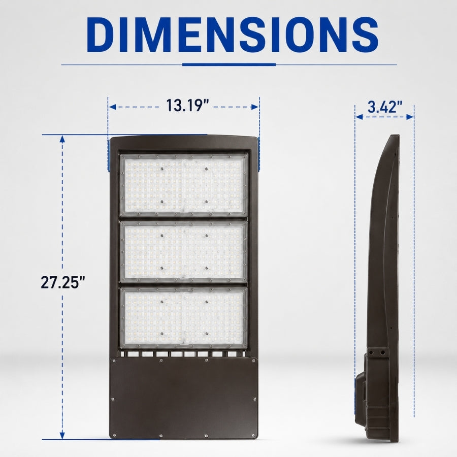 450W LED Shoebox Parking Lot Light, 58,500 Lumens, 1,500W Metal Halide Equivalent, 3000K/4000K/5000K CCT Selectable, Type III Distribution, 100-277V AC, 0-10V Dimmable, Bronze Housing, Slipfitter Mount, IP65, UL & DLC Certified