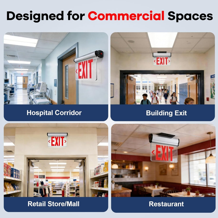 Edge-Lit LED Exit Sign with Emergency Battery Backup, Single-Face Red, Hardwired 120-277V AC, 120-Minute Emergency Runtime, Wall/Ceiling/Side Mount, Commercial Emergency Exit Lighting