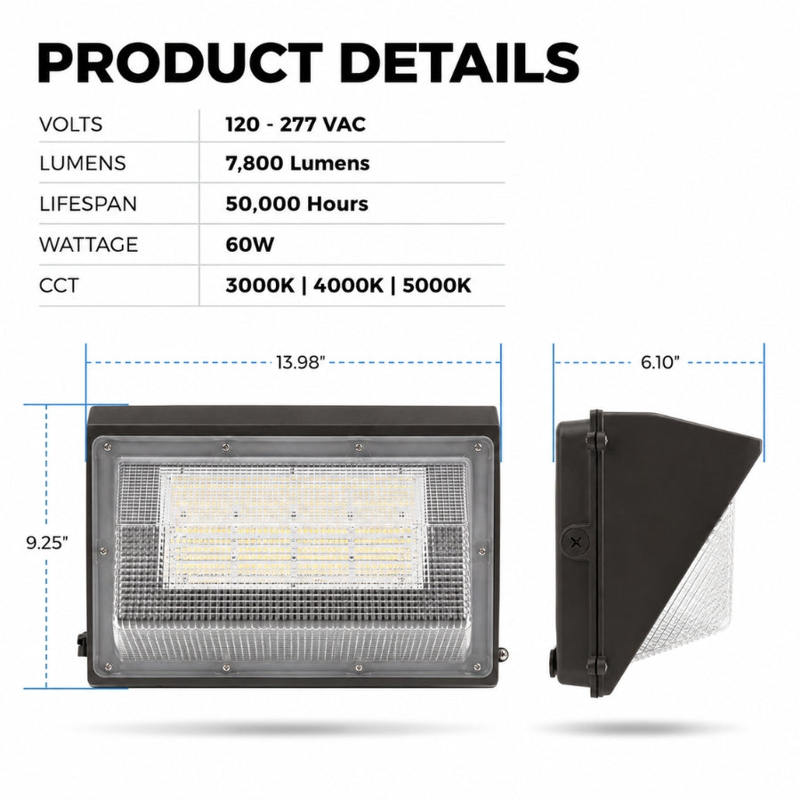 60W Semi-Cutoff LED Wall Pack Light, 7,800 Lumens, 250W Metal Halide Equivalent, 3000K/4000K/5000K CCT Selectable, Built-In Dusk-to-Dawn Photocell, 120-277V, 5-Year Warranty