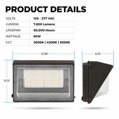 60W Semi-Cutoff LED Wall Pack Light, 7,800 Lumens, 250W Metal Halide Equivalent, 3000K/4000K/5000K CCT Selectable, Built-In Dusk-to-Dawn Photocell, 120-277V, 5-Year Warranty