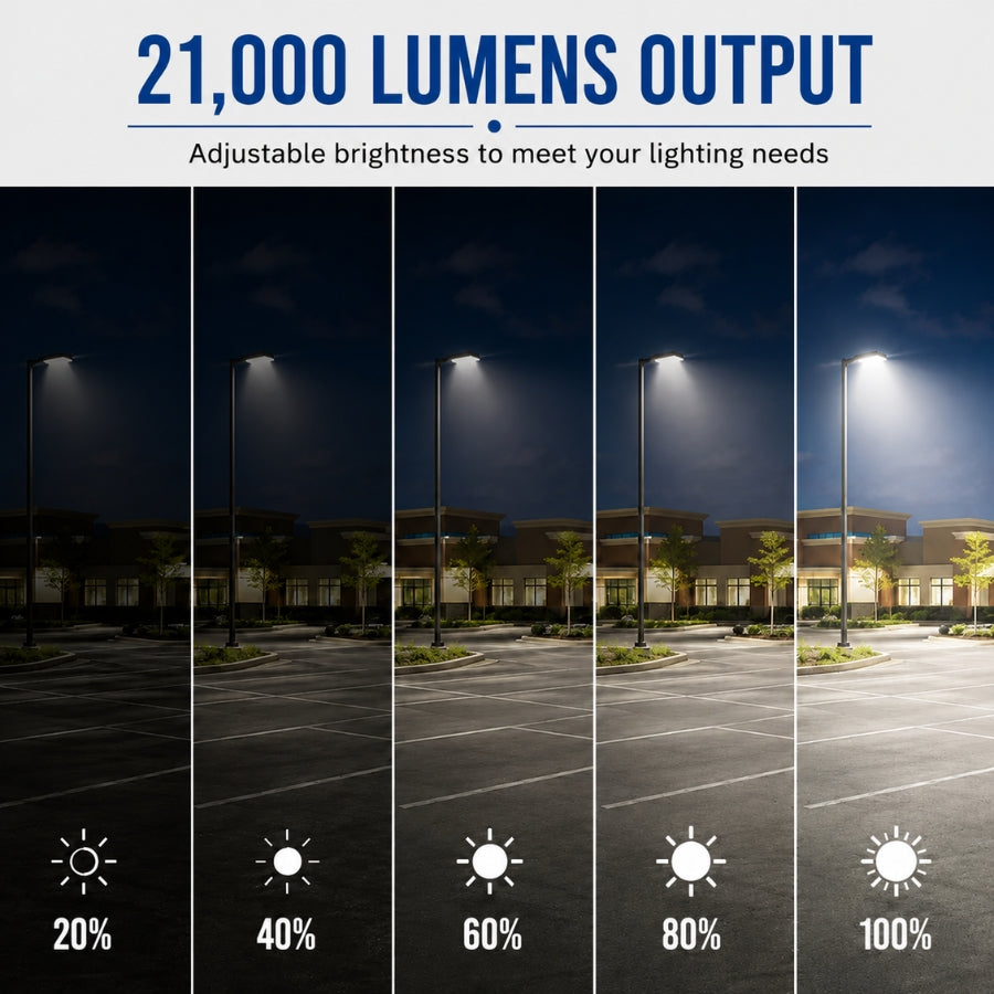 80W/100W/150W Selectable LED Parking Lot Light, Up to 21,000 Lumens, 5000K Daylight, Type III Distribution, 120-277V, 600W Metal Halide Equivalent, 0-10V Dimmable, IP65 Waterproof, Bronze Housing, UL & DLC Certified, 5-Year Warranty