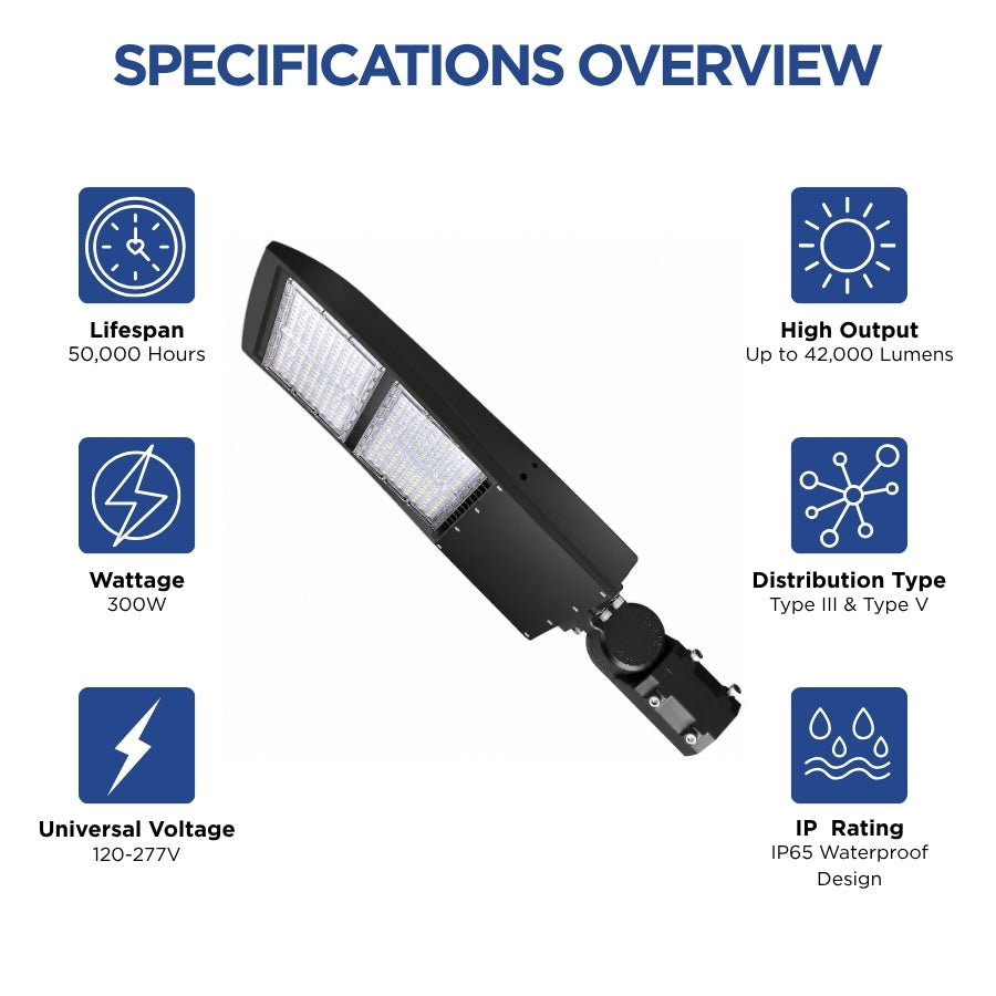 200W/240W/300W Selectable LED Parking Lot Light, Up to 42,000 Lumens, 5000K Daylight, Type III/Type V Distribution, 120-277V, 1,000W Metal Halide Equivalent, 0-10V Dimmable, IP65 Waterproof, Bronze Housing, UL & DLC Certified, 5-Year Warranty